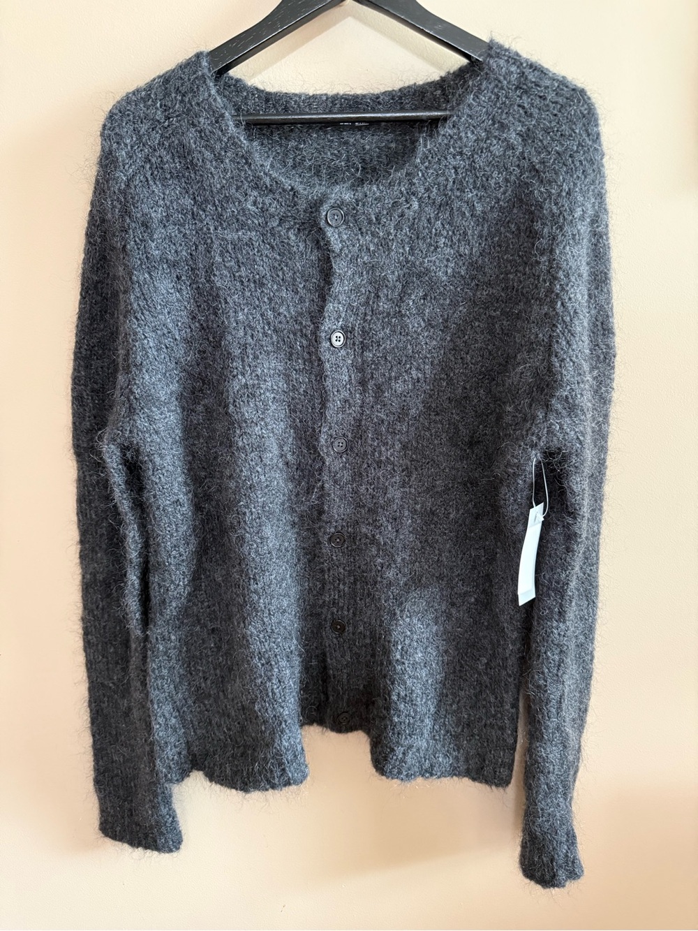 NWT Men’s BLK DNM Dark Charcoal Gray Kid Mohair Button-Front Cardigan Sz S